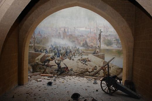 Diorama of the battle of the Praguers against the Swedes at Charles Bridge in 1648